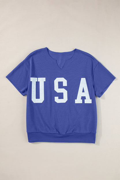 Usa Lettering Patch Notched Neck Loose Tee | Dark Blue