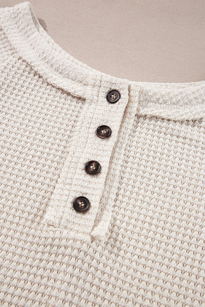 Waffle Knit Buttoned Front Raglan Sleeve Loose Blouse | Oatmeal