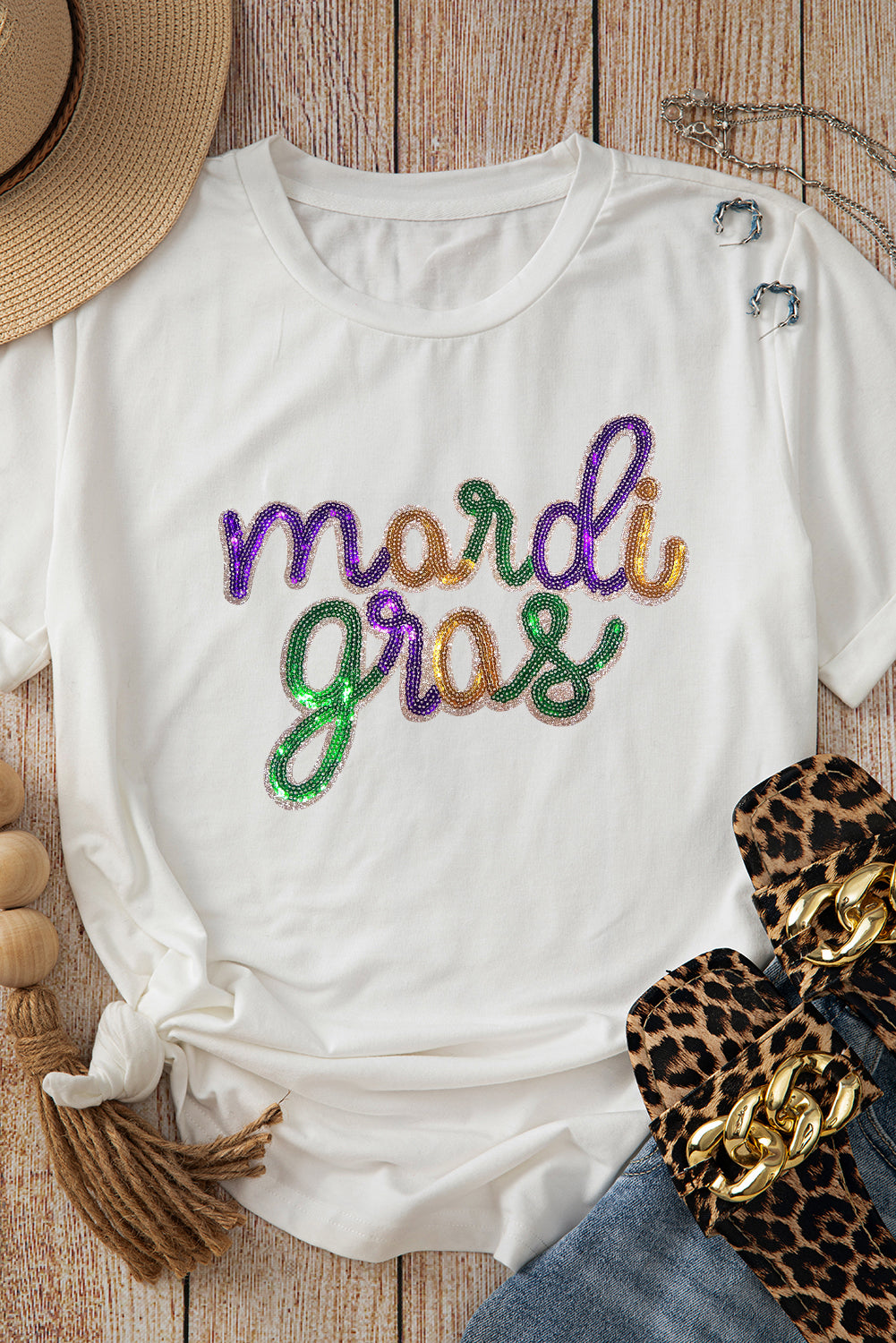 Sequin Mardi Gras Graphic T Shirt | White