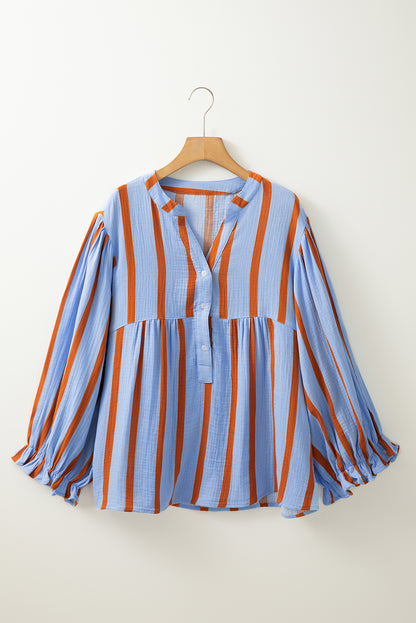 Crinckled Ruffled Sleeve Button Up Loose Shirt | Sky Blue Stripe