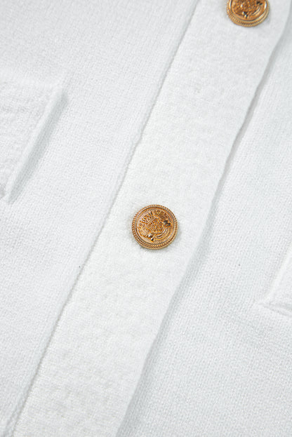 Gold Buttons Textured Sweater T Shirt | White