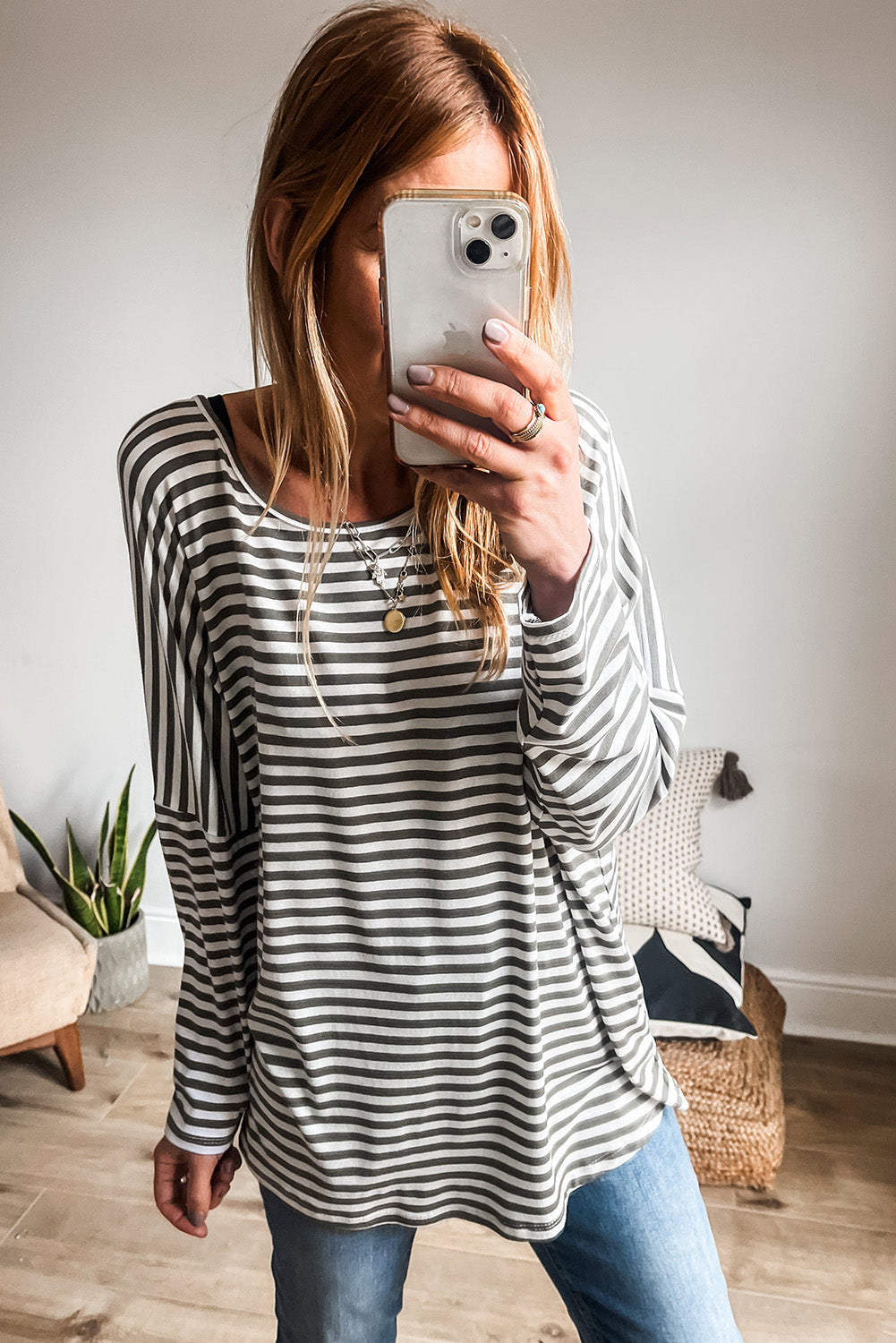 Drop Sleeve Round Neck Oversized Long Sleeve Top | Gray Stripe