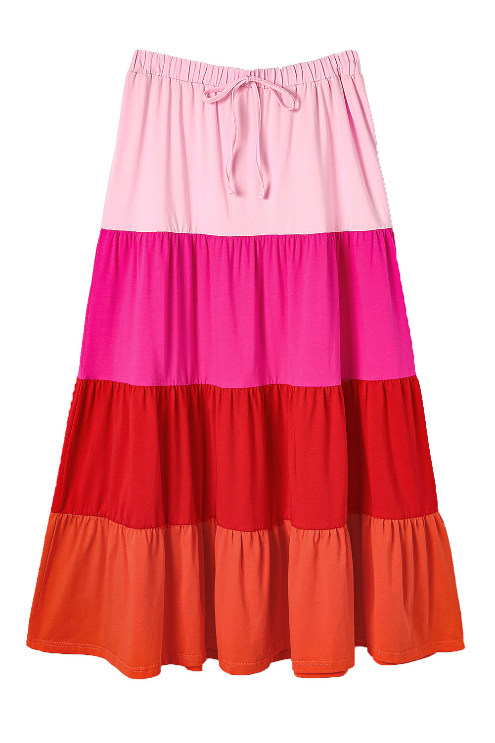 Colour Block Tiered Drawstring High Waist Maxi Skirt | Pink