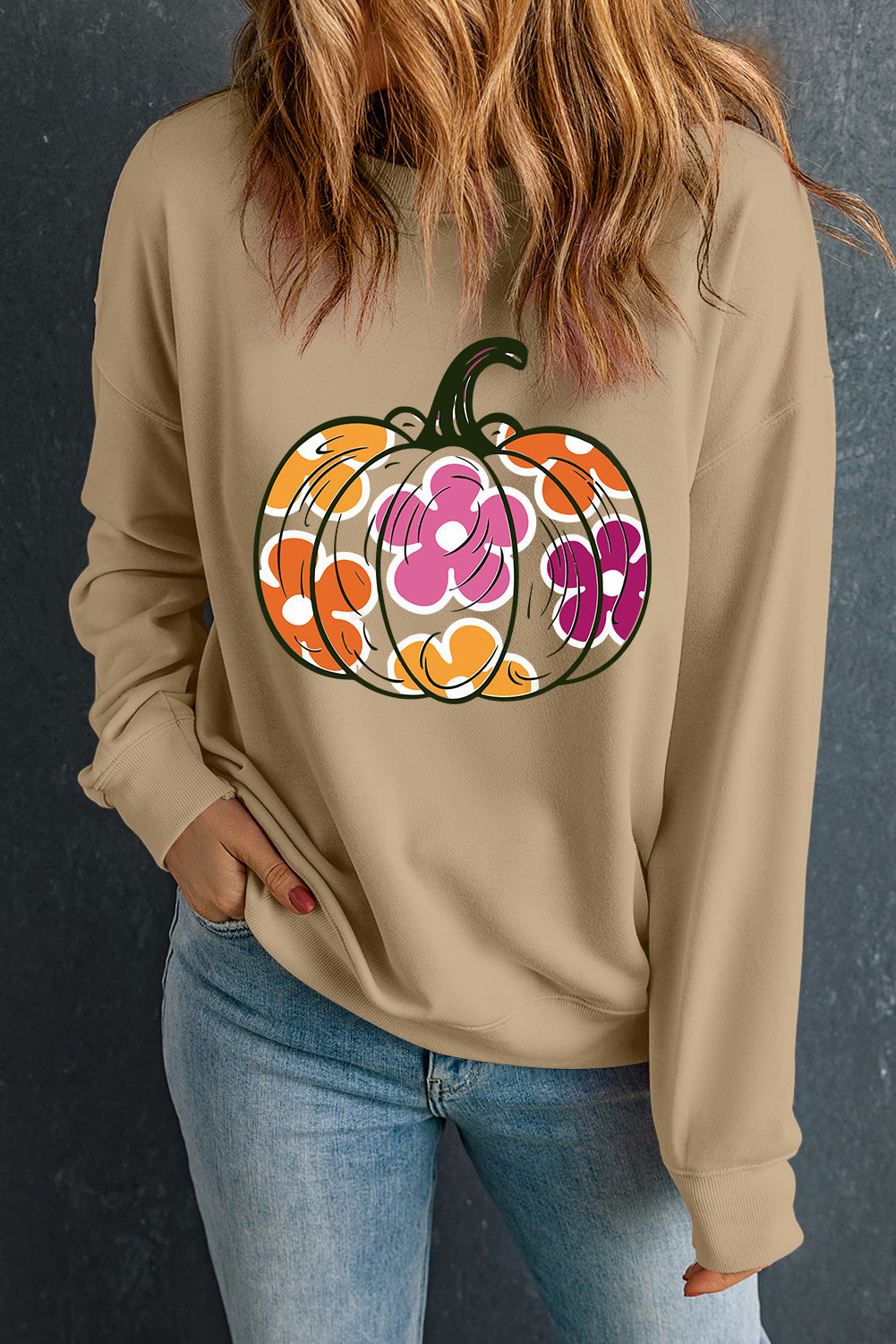 Halloween Floral Pumpkin Graphic Drop Shoulder Sweatshirt | Khaki