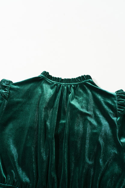 Velvet Frilled Up Neck Ruffled High Waist Plus Size Midi Dress | Blackish Green