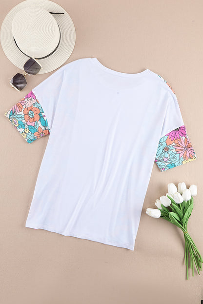 Floral Print Patchwork Short Sleeve Top | White