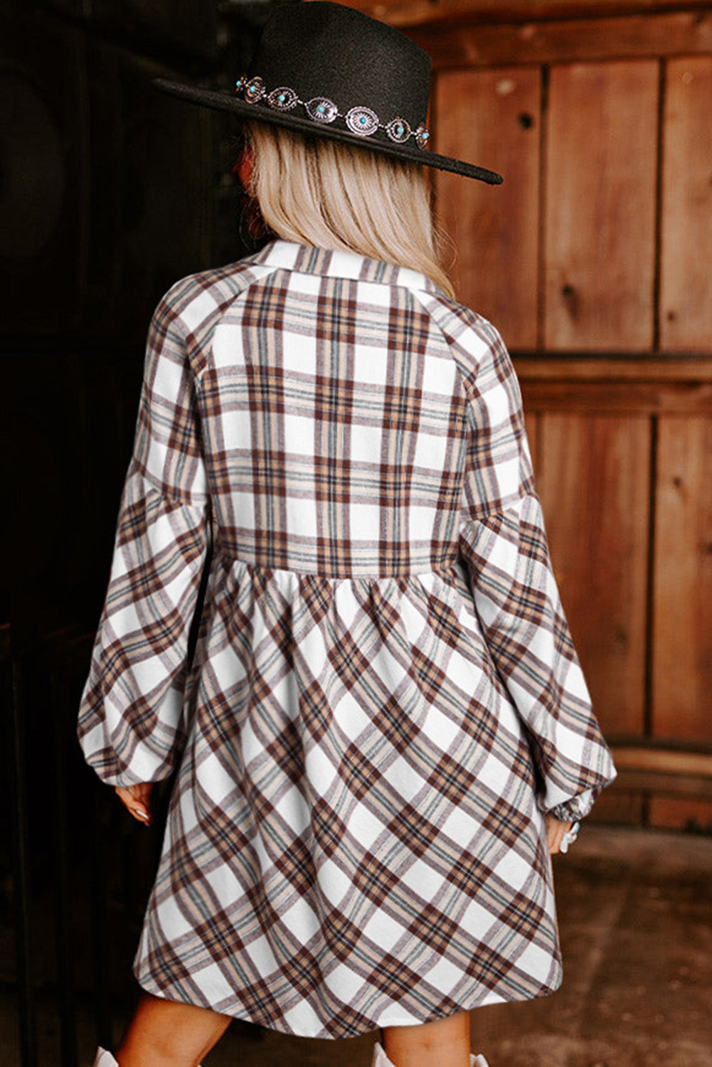 Plaid Bubble Sleeve Flowy Shirt Dress | White