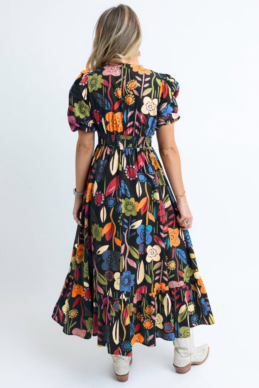 Retro Floral Printed Split Neck Maxi Dress | Black