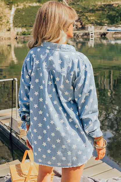 Star Print Light Wash Raw Hem Denim Jacket | Sky Blue