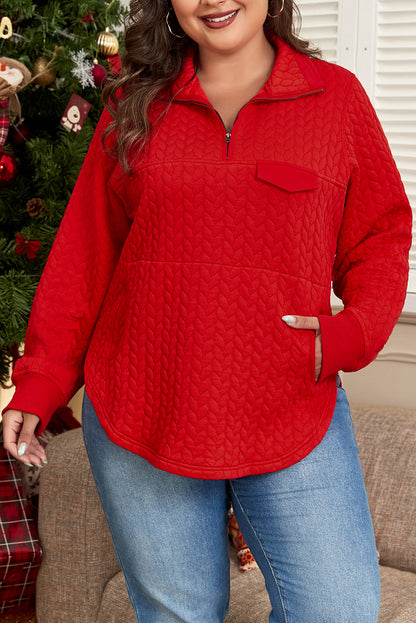 Cable Textured Quarter Zip Pocketed Plus Size Pullover | Tomato Red