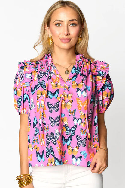 Butterfly Print Ruffled Puff Sleeve Tied V Neck Blouse | Purple