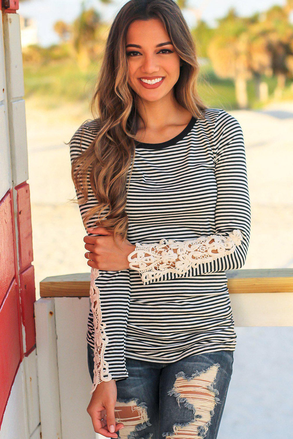 Stripe Lace Crochet Long Sleeve Top | Black