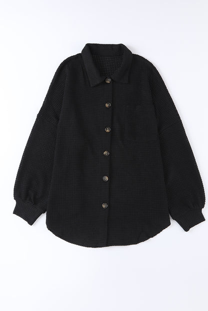 Waffle Knit Button Up Casual Shirt | Black