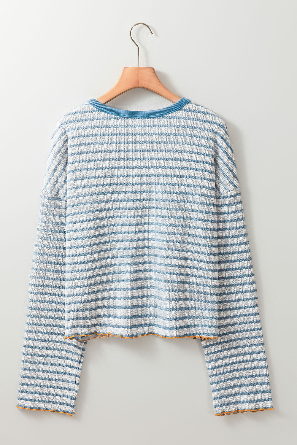 Textured Frilly Trim Buttons Henley Long Sleeve Top | Sky Blue Stripe