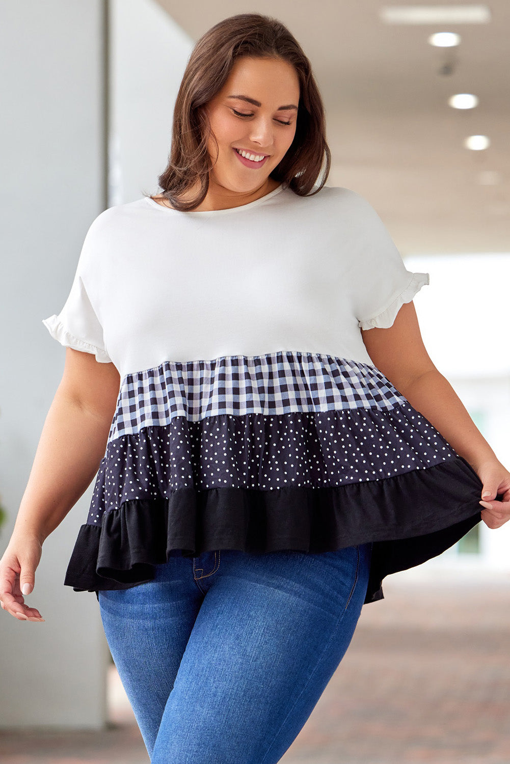 Plaid Dot Ruffled Plus Size Babydoll Top | White