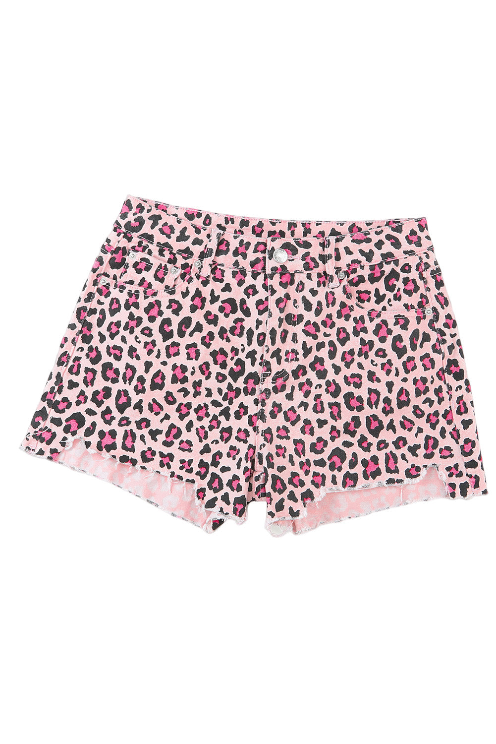 Leopard Print Raw Hem Denim Shorts | Pink