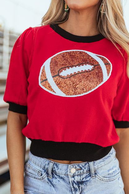 Sequin Rugby Colour Block Puff Short Sleeve Sweater | Red