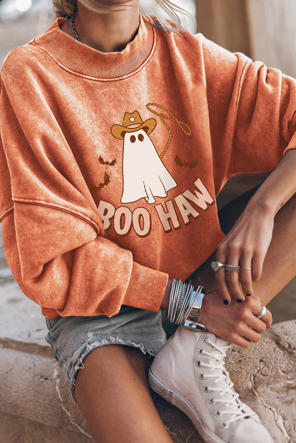 Boo Haw Ghost Halloween Print Drop Sleeve Sweatshirt | Orange