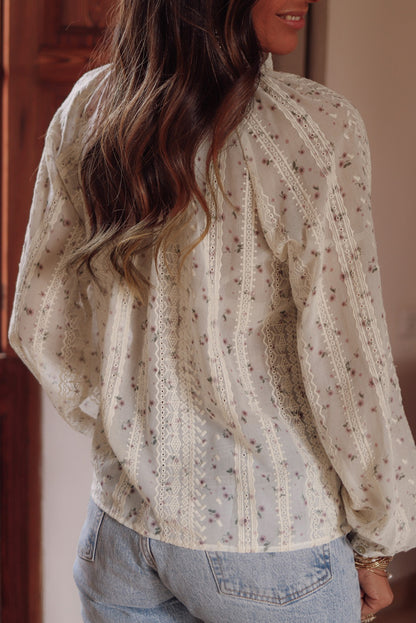 Floral Embroidered Lace Bubble Sleeve Shirt | Red