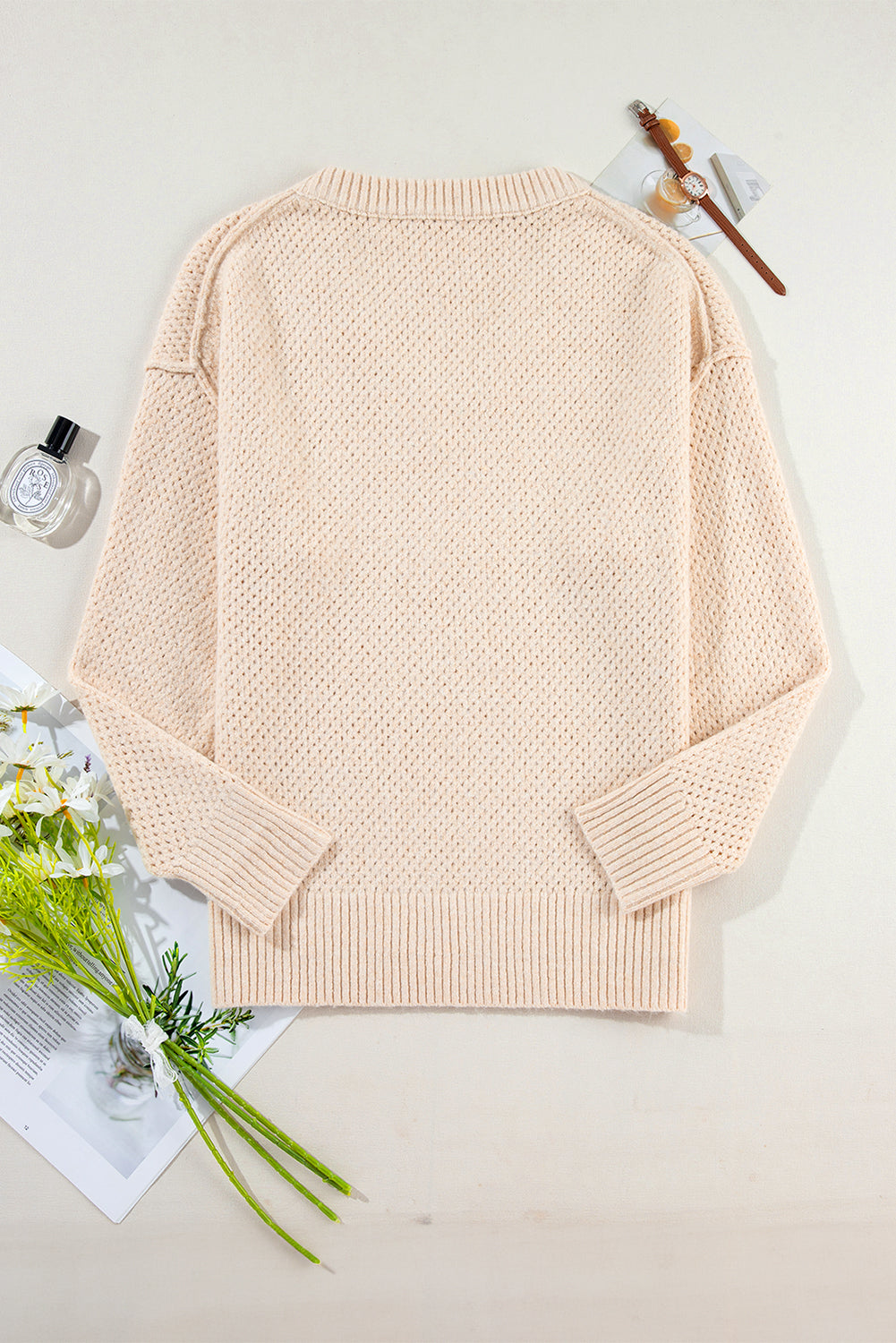 Loose Eyelet V Neck Drop Shoulder Sweater | Parchment