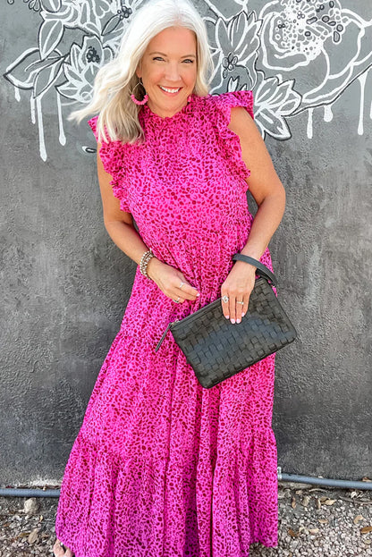 Leopard Print Ruffled Trim Tiered Maxi Dress | Rose Red