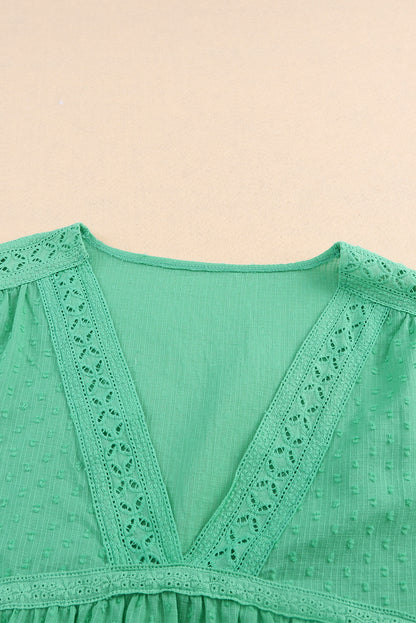 Eyelet V Neckline Ruffle Swiss Dot Top | Green