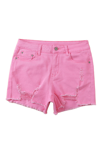 Solid Colour Distressed Denim Shorts | Rose