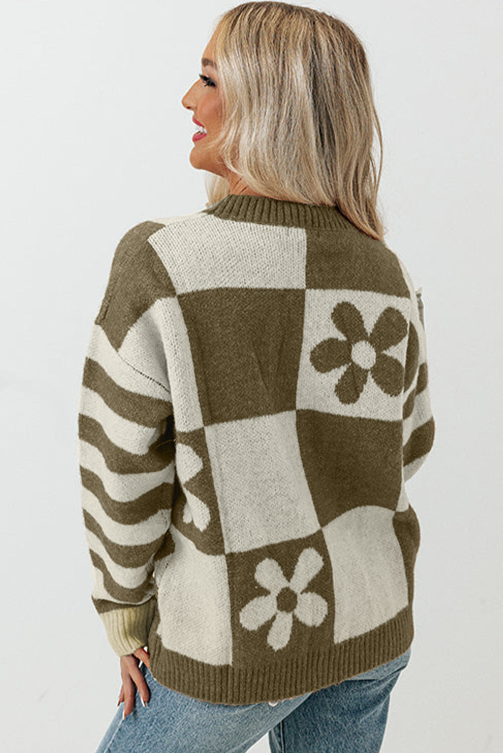 Green Checkered Floral Print Striped Sleeve Sweater | Mist Green