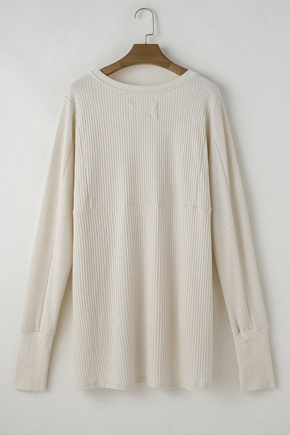 Waffle Knit Exposed Seam V Neck Oversized Top | White