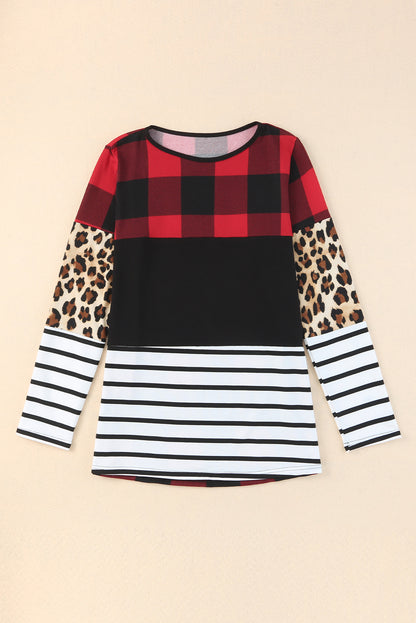 Plaid Print  Splicing Striped Colour Block Long Sleeve Top | Leopard