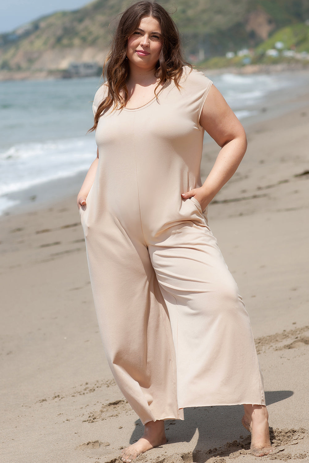 Cap Sleeve Round Neck Curvy Wide Leg Jumpsuit | Light French Beige