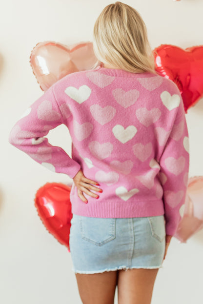 Pearled Heart Print Valentines Crew Neck Sweater | Pink