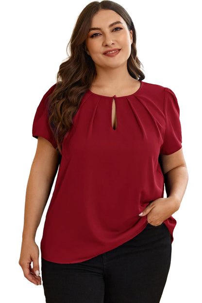 Keyhole Pleated Crew Neck Plus Size T Shirt | Red Dahlia