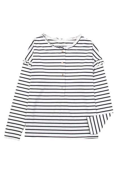 Striped Print Ruffled Buttoned Long Sleeve Top | White