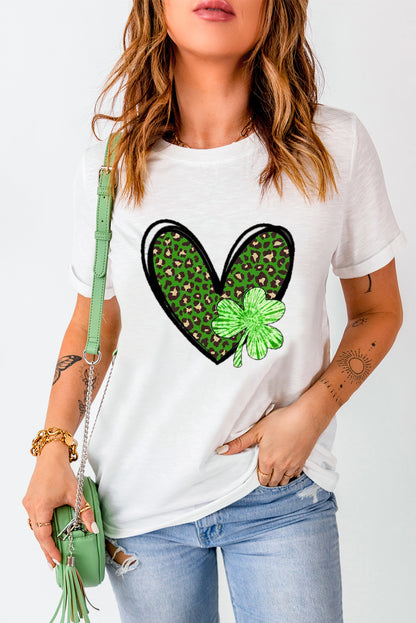 Clover Leopard Heart Shaped Print Crewneck Graphic Tee | White