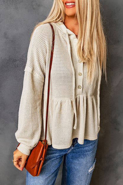 Waffle Knit Buttons Ruffled Hooded Top | Apricot