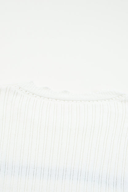 Striped Ribbed Scalloped Detail Knit Sweater | White