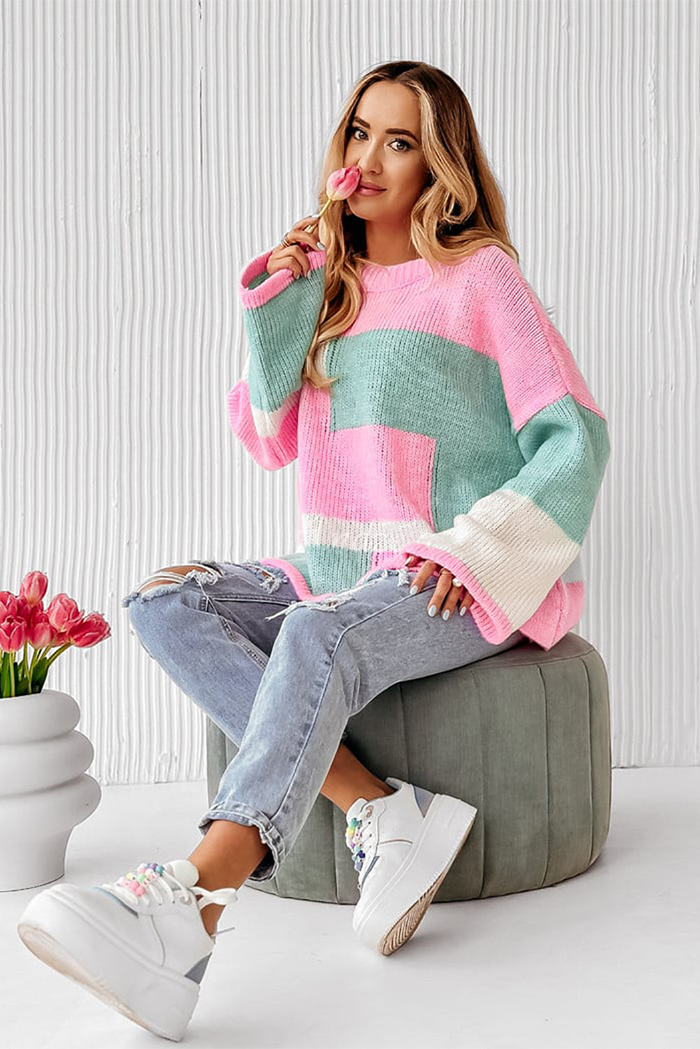 Colourblock Drop Shoulder Bell Sleeve Sweater | Pink