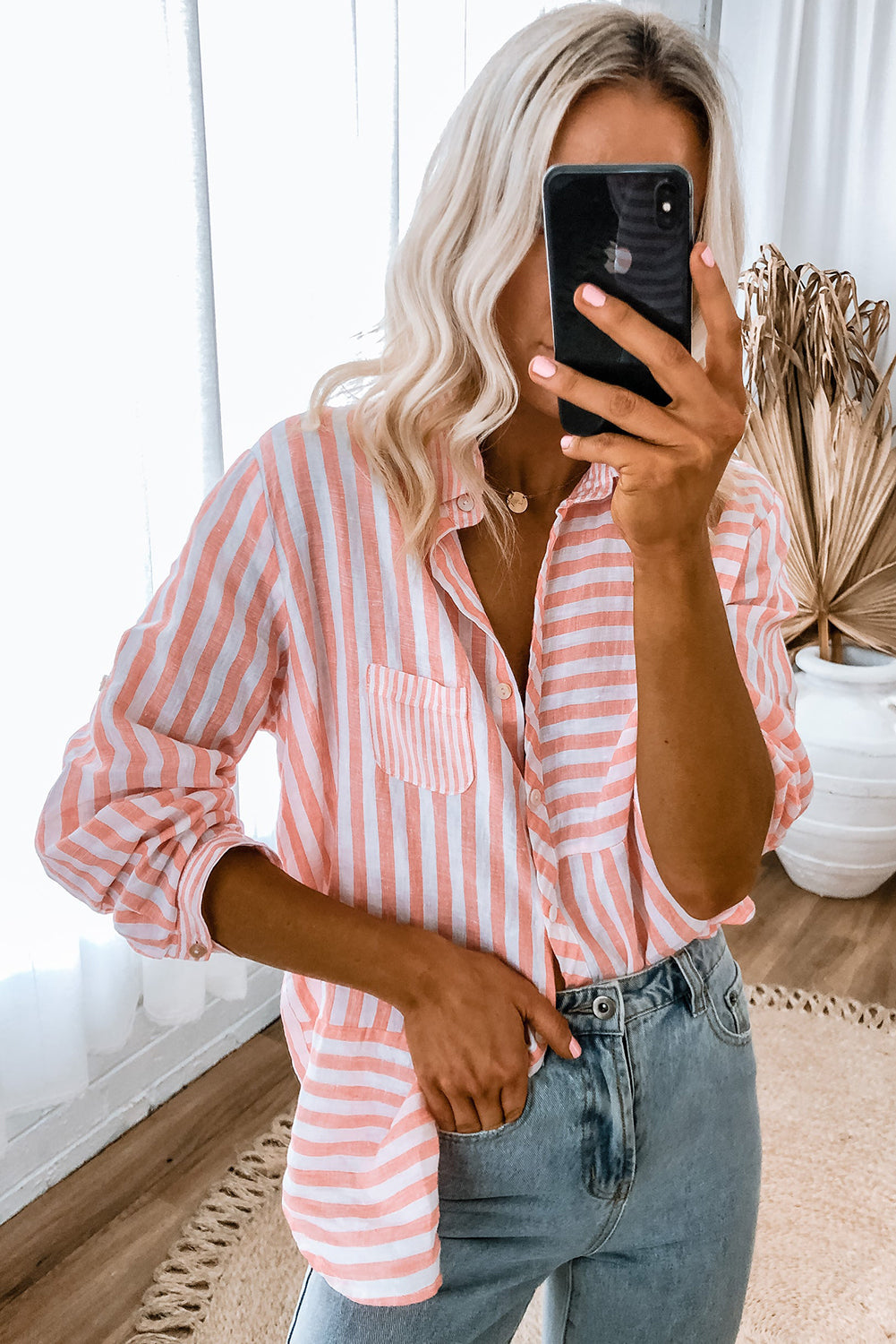 Buttoned Long Sleeve Casual Shirt | Pink Stripe