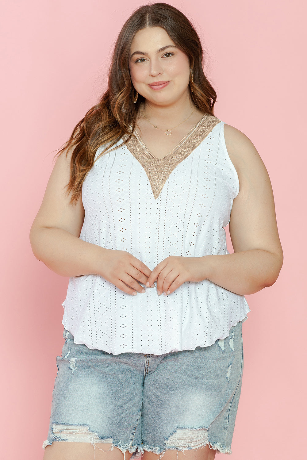 Plus Size Guipure V Neck Eyelet Lace Tank Top | White