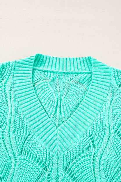 Hollow Out Knit V Neck Drop Shoulder Sweater | Mint Green