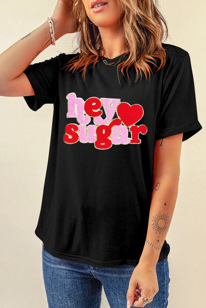 Chenille Heart Hey Sugar Patched Crewneck Valentines Tee | Black