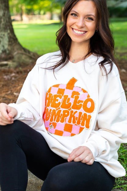 Terry Halloween Pumpkin Patched Pattern Pullover Sweatshirt | White