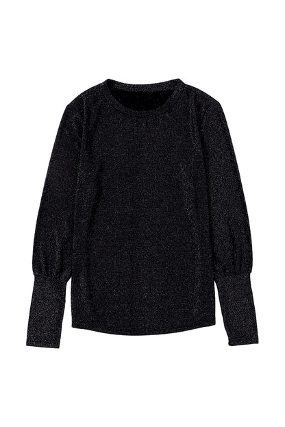 Glitter Round Neck Long Sleeve Top | Black