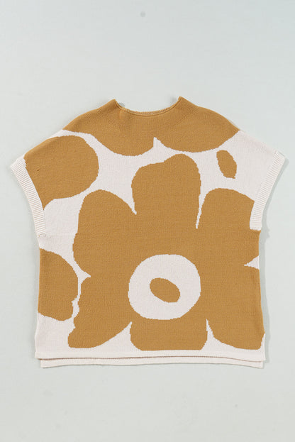 Big Flower Pattern Stand Neck Short Sleeve Sweater | Camel