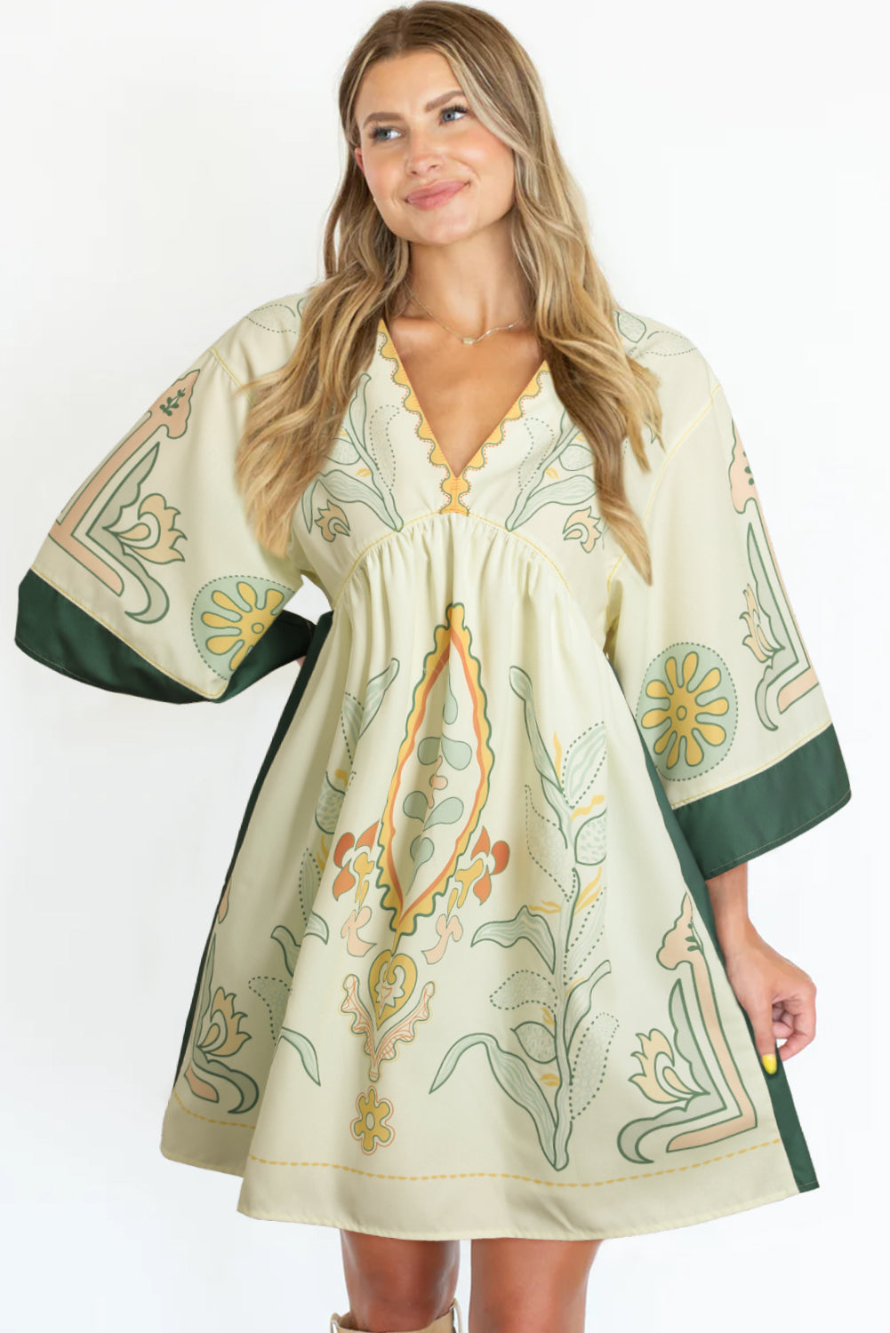 Boho Print V Neck Empire Waist Short Kimono Dress | Multicolour