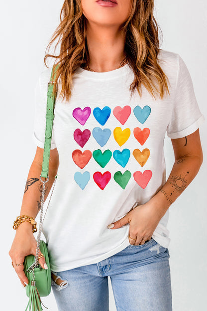 Colourful Heart Shaped Print Crew Neck T Shirt | White