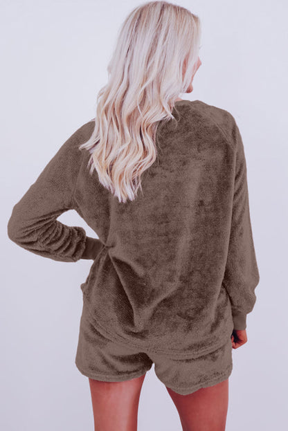 Solid Loose Fit Two Piece Fleece Lounge Set | Coffee