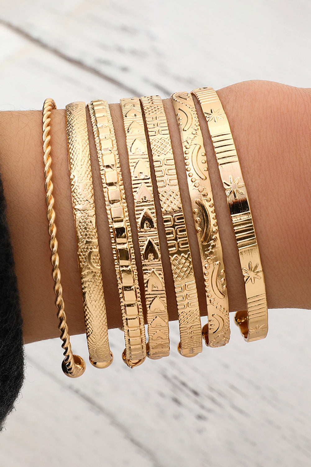 7Pcs/Set Textured Plated Open Alloy Bangle Set | Gold