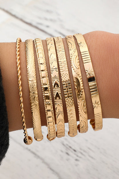 7Pcs/Set Textured Plated Open Alloy Bangle Set | Gold